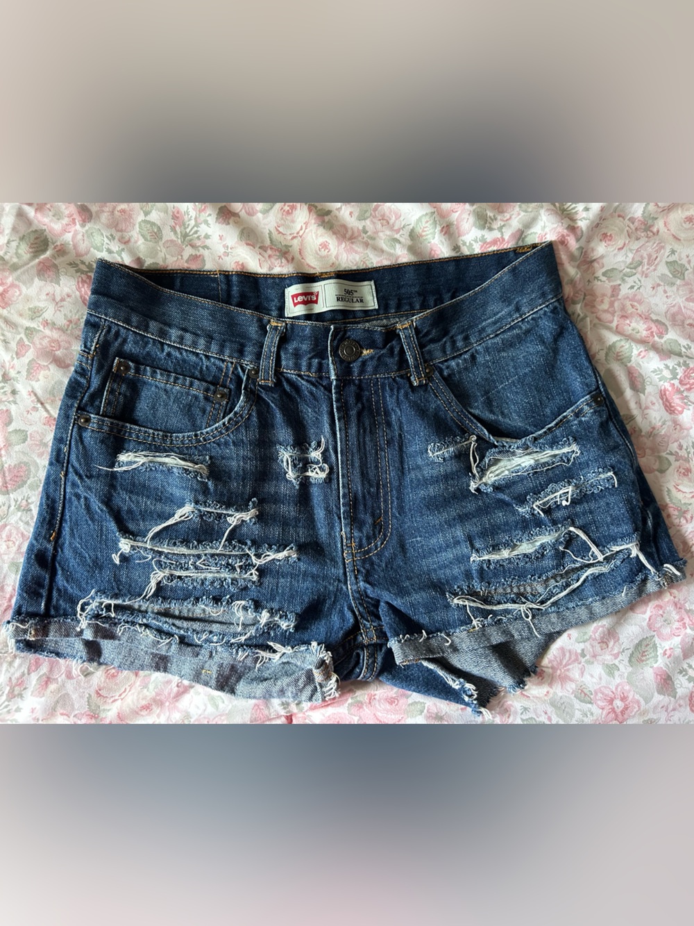 Levi's 505 Regular Distressed Dark Blue Ripped Denim Shorts
